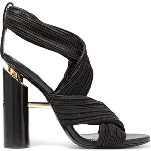Tom Ford Satin Pleated Strap Sandals Black Block Heel Gold Bar Italy 40 US9